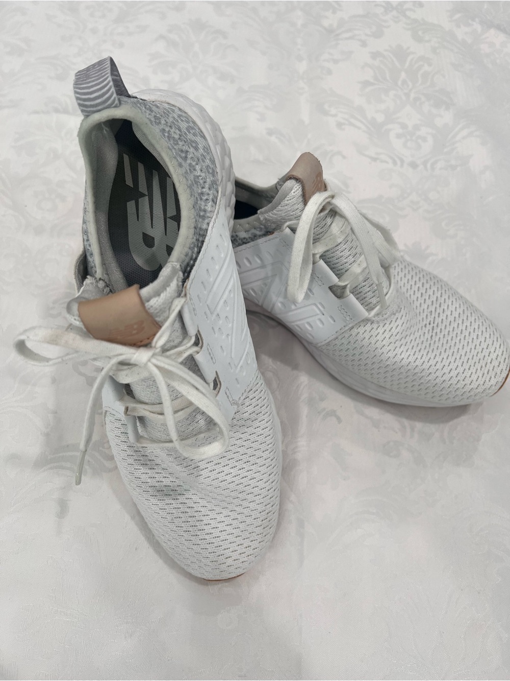 New Balance Womens White Mesh Sneakers with Light Tan Accents